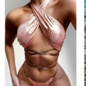 two piece pink snake print bathing suit